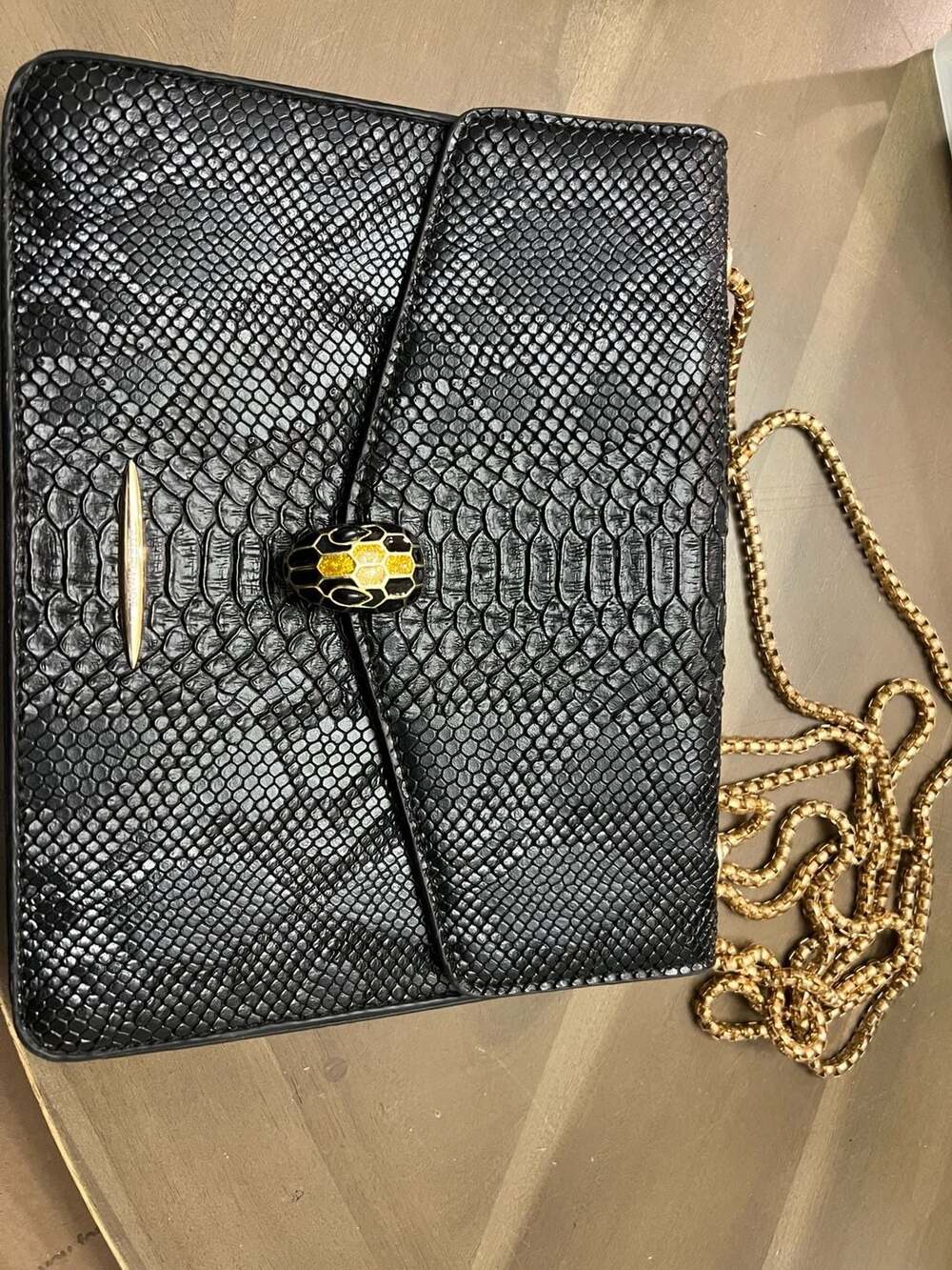 AmeriMode Black Snake-Embossed Faux Leather Crossbody Handbag with Gold-Tone Cha